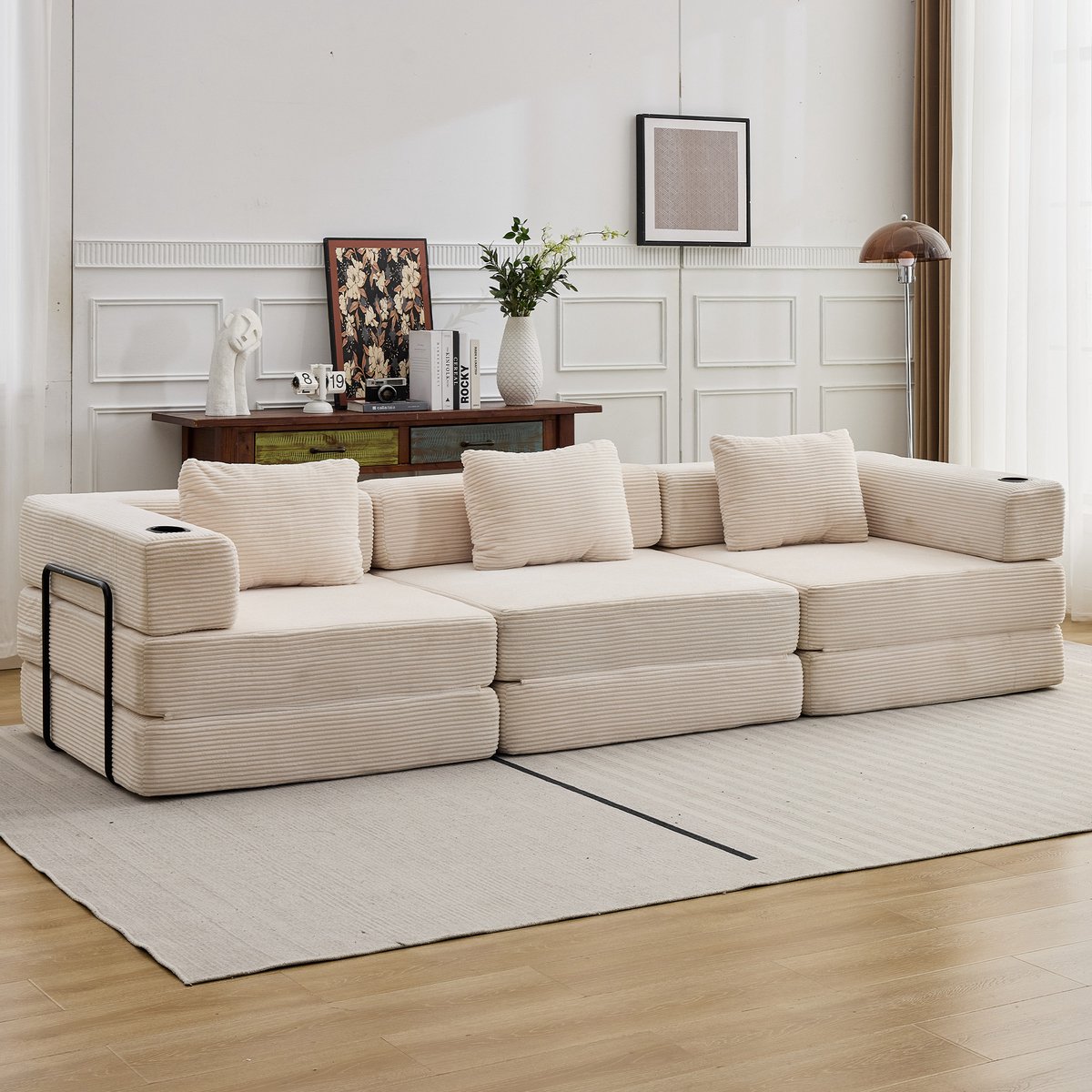 Multifunctionele Corduroy Slaapbank – Vaste Framebank–Opvouwbaar met 2 Kussens en Armleuningen–Comfortabel 3-in-1 Ontwerp–Geschikt voor 3 Personen-Te Gebruiken als Bank, Ligstoel en Logeerbed –Ideaal voor Appartementen of Kleine Ruimtes–Wit