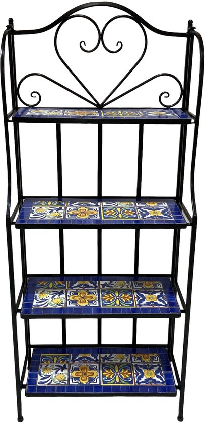 Zwart metalen plantenrek met vier etages, ingelegd met blauw mozaïek met gele bloemen.