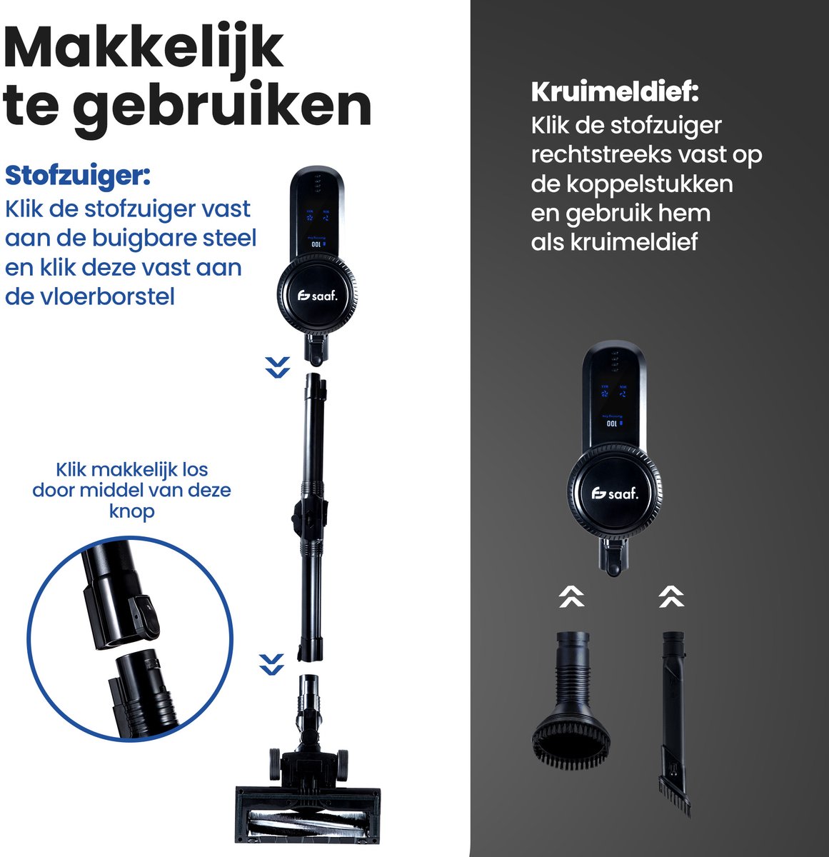 Saaf G90 Steelstofzuiger - 250W - Steelstofzuiger Draadloos - Stofzuiger Zonder Zak - 7-delige set met Buigbare Steel - 30kPa - Kruimeldief - Zwart — afbeelding 6