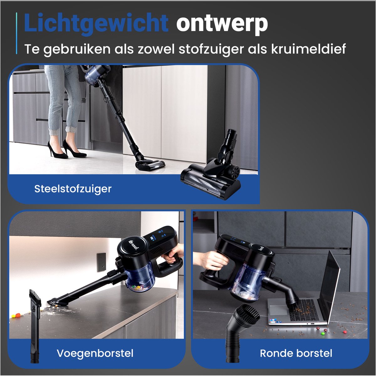 Saaf G90 Steelstofzuiger - 250W - Steelstofzuiger Draadloos - Stofzuiger Zonder Zak - 7-delige set met Buigbare Steel - 30kPa - Kruimeldief - Zwart — afbeelding 4
