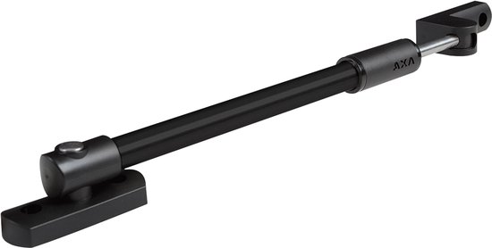 Zwarte AXA raamuitzetter met telescopische arm en bevestigingsplaatjes.
