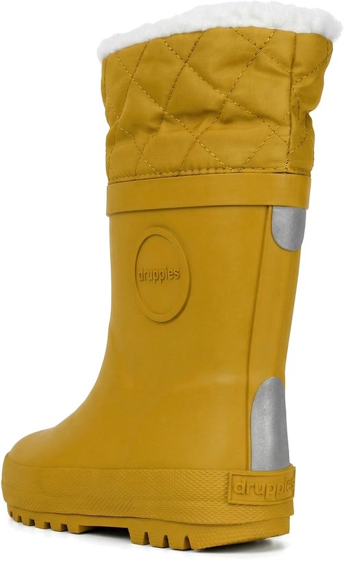 Gele kinder regenlaars met gewatteerde boord, witte teddy voering en reflecterende details.