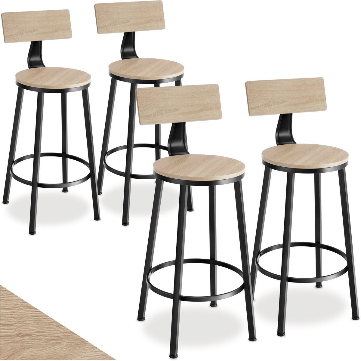Tectake Barkruk - Ronde Bistrokruk - Set van 4 - Barkrukken - Vintage Barstoel met Voetsteun en Rugleuning - Zitting van MDF-hout - Industrieel design - Draagkracht kruk 120 kg - Afmeting 46,5 x 104 cm - Barstoelen - Eetkamerstoelen - Lichtbruin