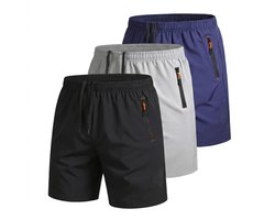 Zwart Lichtgrijs Donkerblauw sport shorts heren quick dry korte broek met rits zakken ademend hardloop shorts fitness casual outdoor set 3 stuks maat L