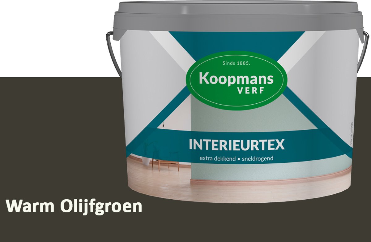 Koopmans Interieurtex Matte Muurverf Binnen – Extra Dekkende Sneldrogende Verf voor Muren en Plafonds – Warm Olijfgroen – 10 l