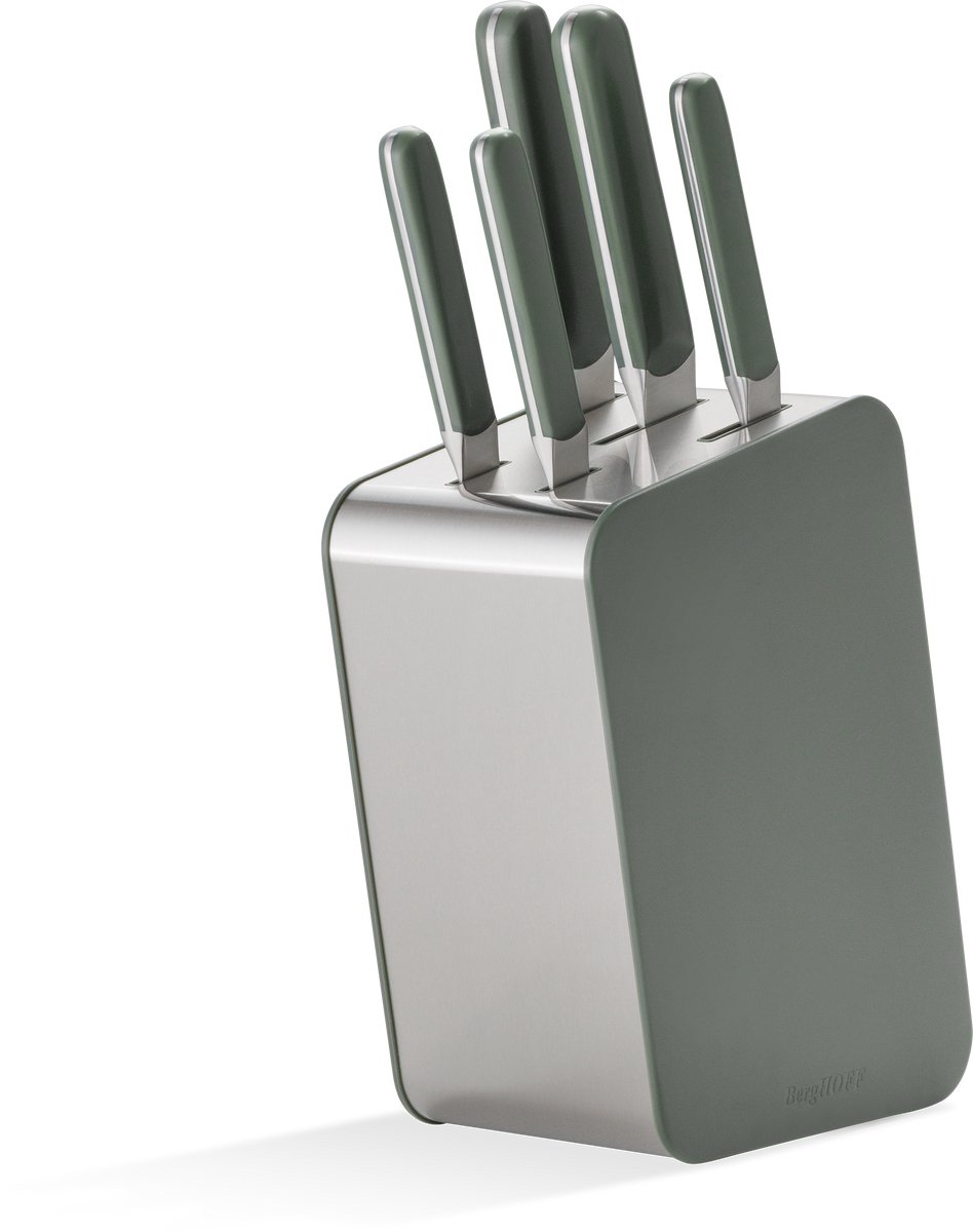 BergHOFF Home Elements Messenblok Set 6-delig – Koksmes, Vleesmes, Santoku, Kartelmes & Schilmes – Complete Messenset met Messenstandaard – Ergonomisch Handvat, Vaatwasbestendig & Roestvrijstale Messen – Khaki