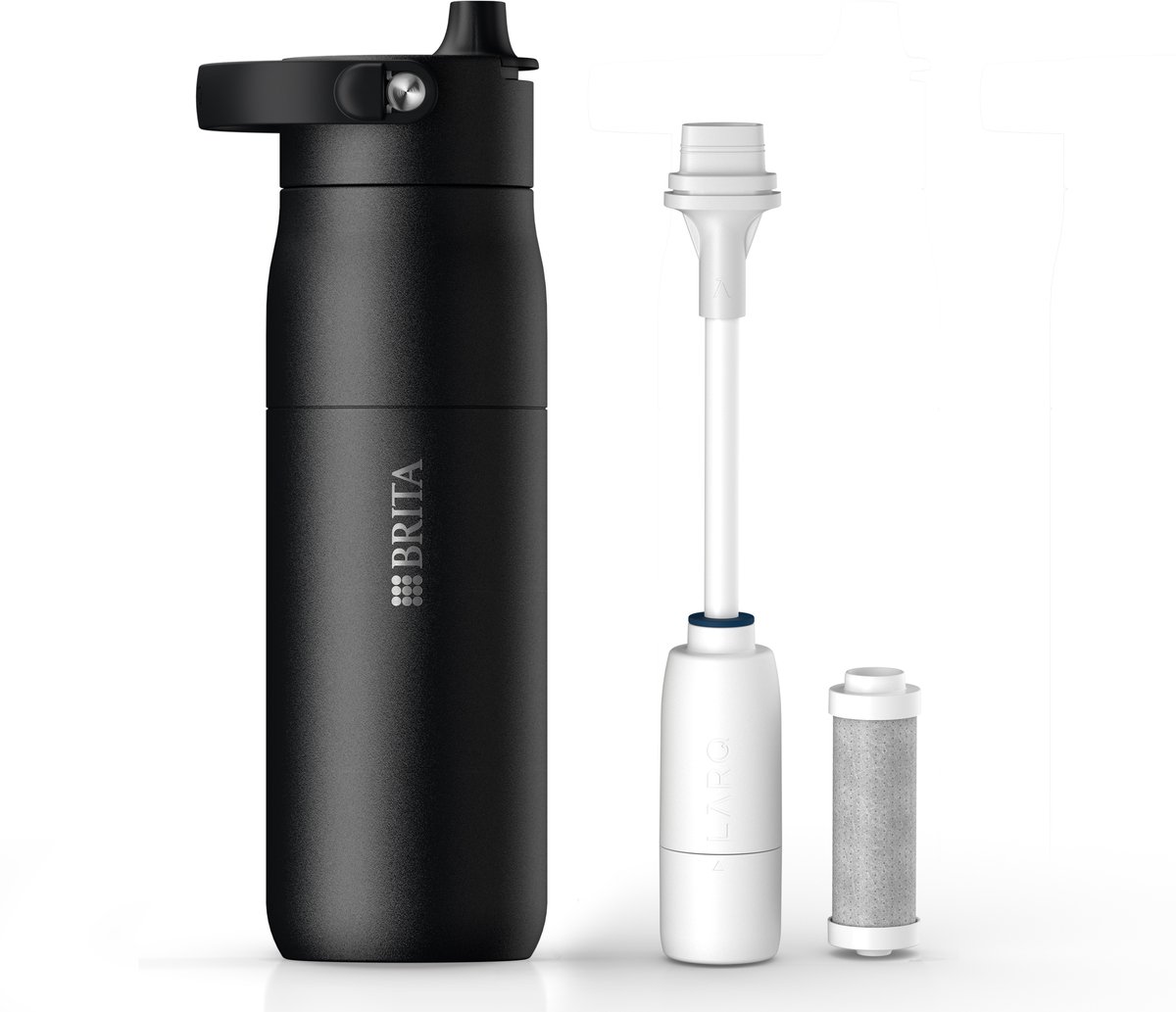 BRITA LARQ Essential waterfles met rietje en waterfilter - Zwart - 680ml - RVS waterfles, dubbelwandige thermosfles (24h koud) incl. rietje & actieve koolstoffilter - filtert PFAS, chloor & meer
