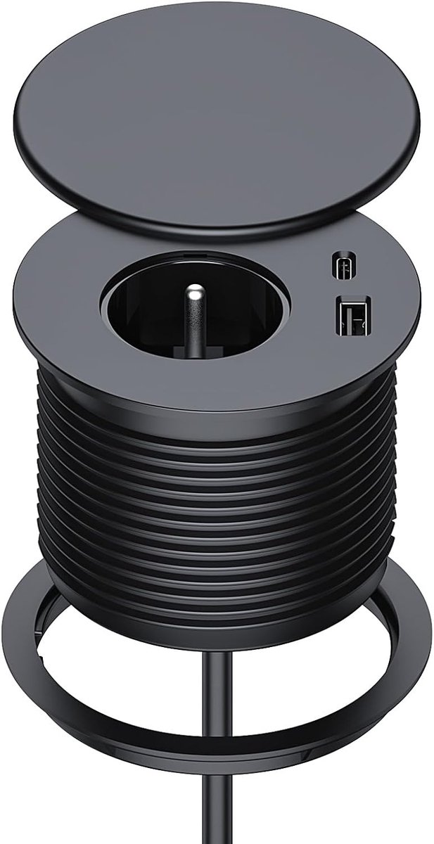 Inbouwstekkerdoos met één stopcontact, één USB-C-poort en één USB-A-poort; diameter 80 mm; 1,5 meter kabel; geschikt voor gebruik in keukens, kantoren en andere meubelruimtes; zwart.