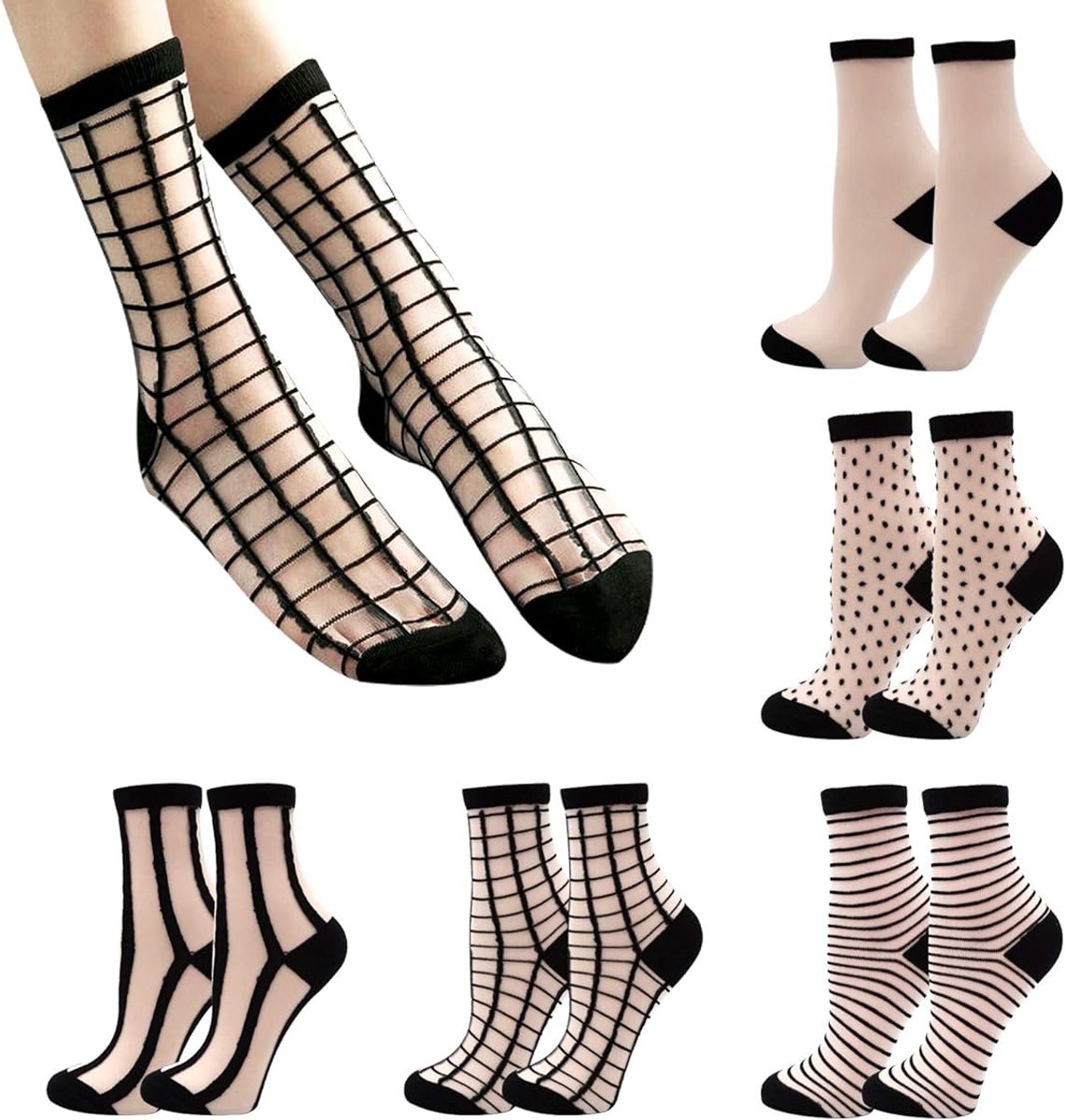 5 Stuks Dames Transparante Kanten Visnet Sokken Dunne Nylon Enkelsokken Comfortabel Elastisch Zwarte Zomer Sokken Eén Geschikt Voor Schoenmaat 15-25 Modieuze Dameskleding Accessoire Cyslmuk®
