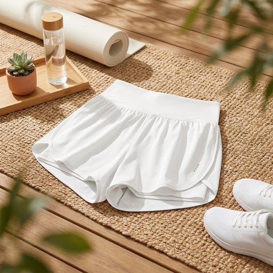Witte sportshort met hoge taille en ingebouwde broek, met subtiel logo van drie stippen, naast een fles water en witte sneakers.