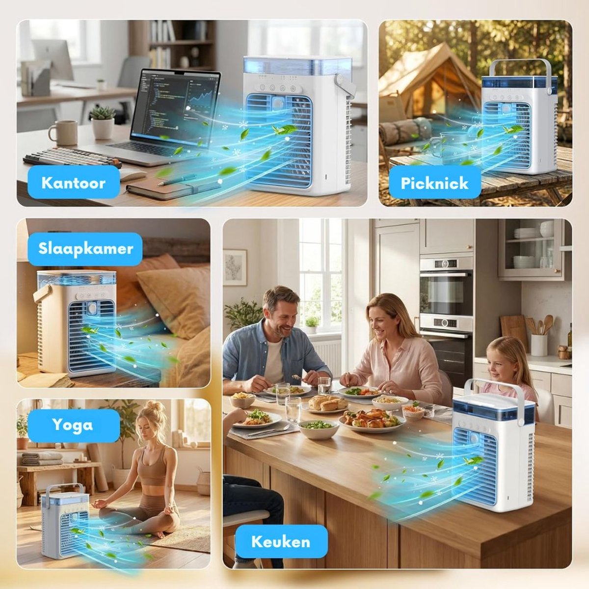 SNJY® Mobiele Airco Zonder Afvoer - Mobiele Airco voor Slaapkamer - Luchtkoeler - Aircooler - 2 Bevochtigingsniveaus - 3 Windsnelheden - 1L - Wit/Blauw – foto 4
