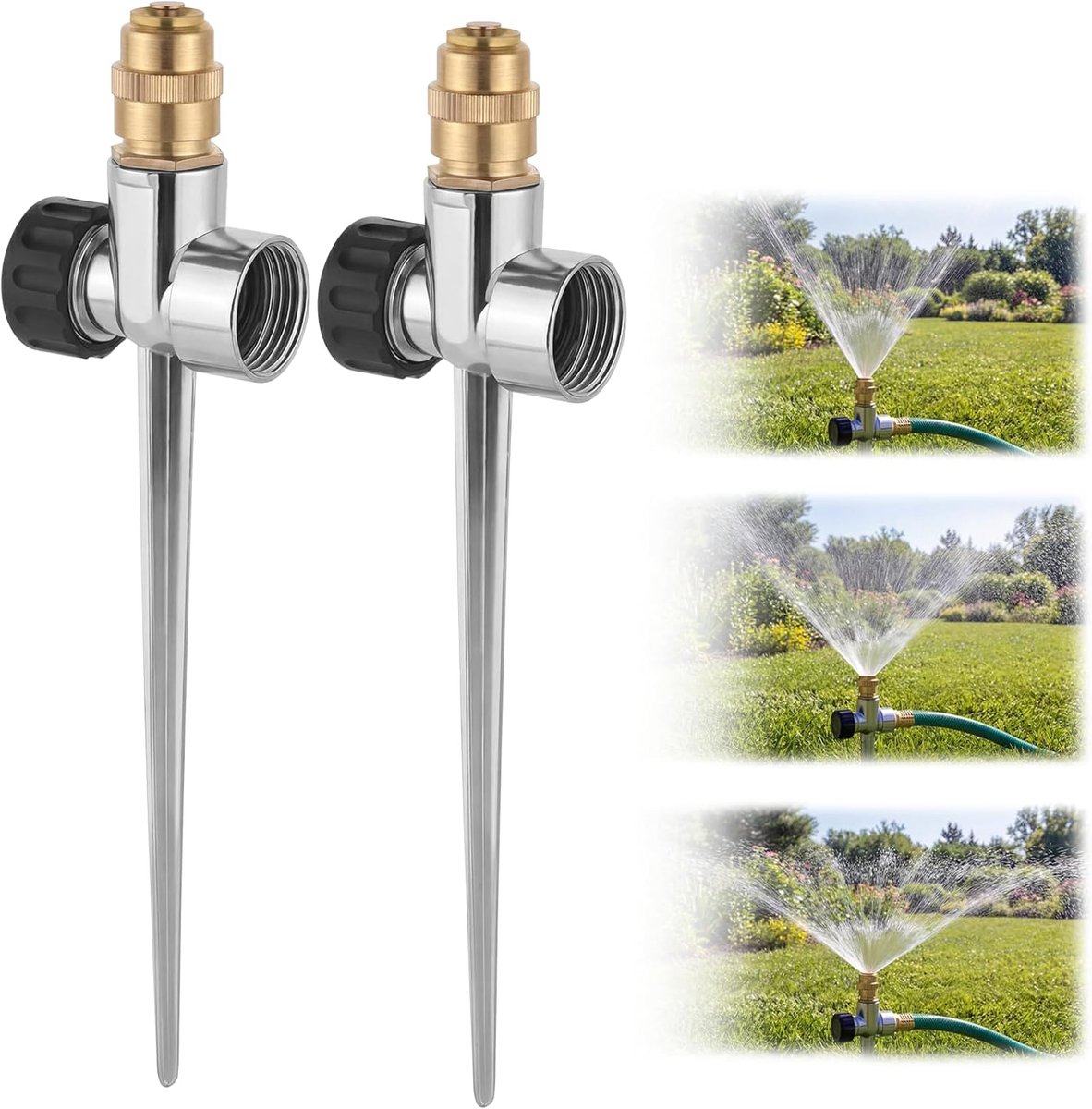 Twee gazonsproeiers, gemaakt van metaal met een voet van aluminiumlegering en verstelbare messing sproeikoppen, geschikt voor het besproeien van terrassen, tuinen, moestuinen en kleine tot middelgrote gazons.