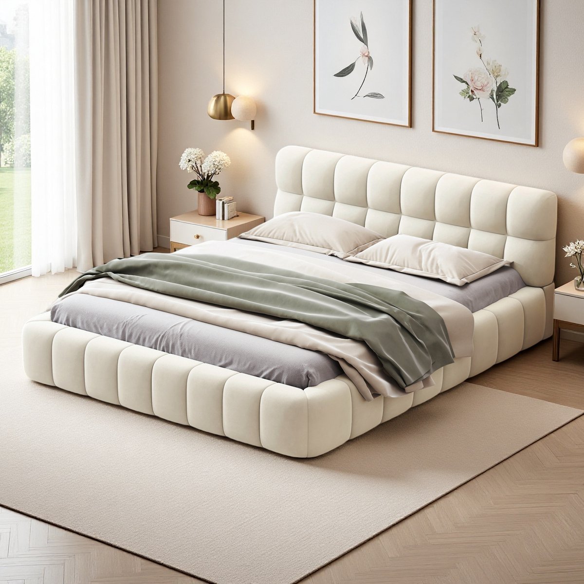 ROSAHQNDA Bubbelbed met lattenbodem en gestoffeerd hoofdbord, linnenstof, 160x200cm, beige, zonder matras