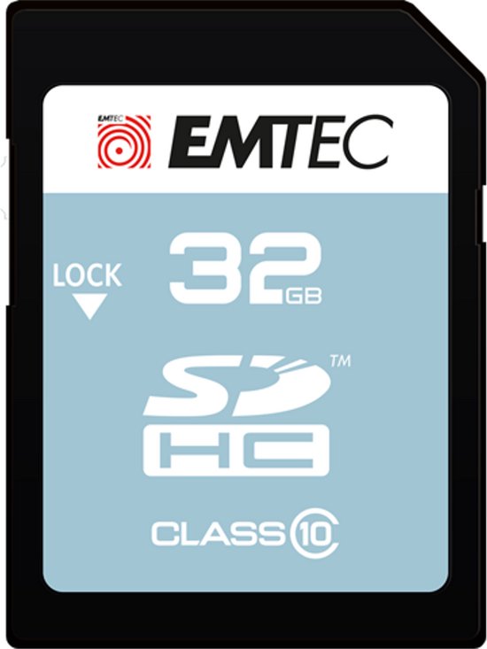 Emtec SDHC kaart 32 GB, zwart met lichtblauw vlak. 'LOCK', '32GB', 'SDHC', 'CLASS 10'.