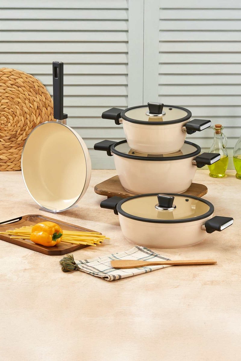 Polochef VSK-107 - Vista Seramische Pannenset 7-Delig – Beige / Crème – Inclusief Koekenpan & Deksels – Anti-aanbak – Inductie Geschikt