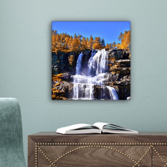 Toile Peinture Cascade - Norvège - Nature - 20x20 cm - Décoration murale