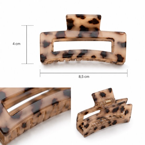 Rechthoekige beige haarklem met schildpadprint. Afmetingen: 4 cm x 8,5 cm.