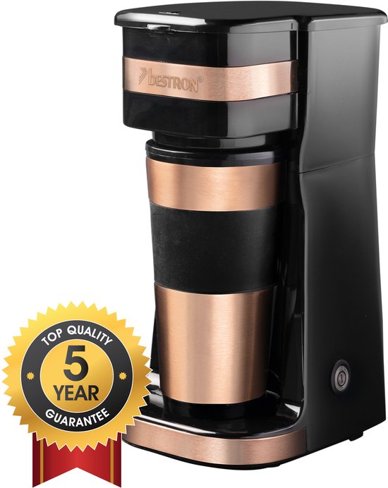 Bestron Koffiezetapparaat filterkoffie 750W - ACM112CO - 0,42L, 2 grote koppen - Thermosbeker - Koper - 5 jaar garantie - WK