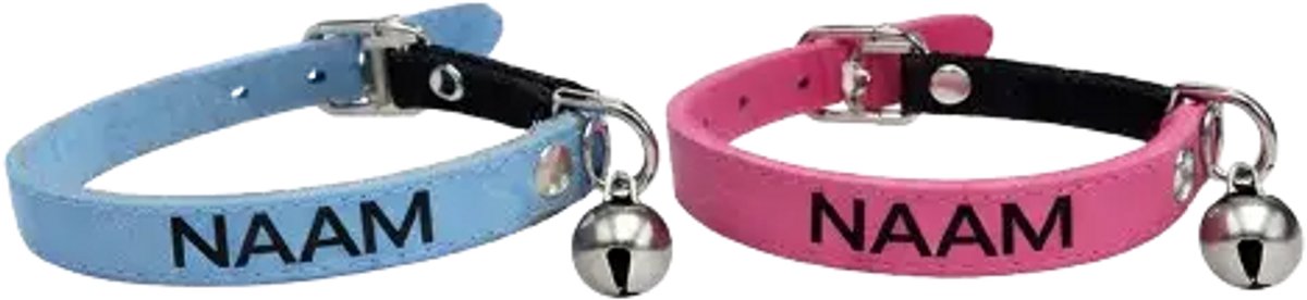 Kittenhalsbandje 10 mm- leer- gepersonaliseerd-roze of blauw