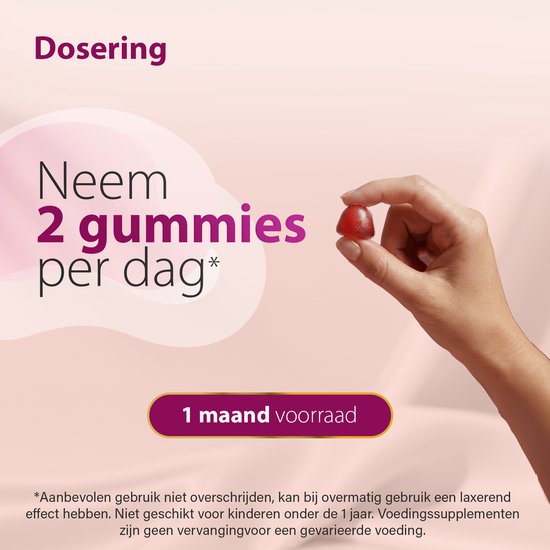 Een hand met een rode gummy, met de tekst "Neem 2 gummies per dag".