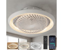 Rosnek Plafondventilator met Verlichting - 360° Roterende Luchtstroom - Stille Motor - App & Afstandsbediening - Dimbare LED - Kristallen Lampenkap - Plafondlamp met Ventilator Ø49cm