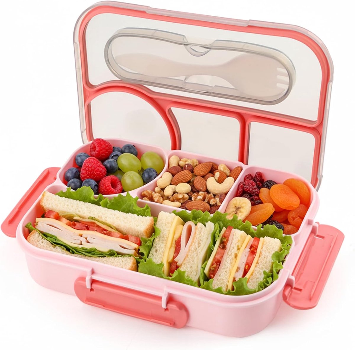 KZQ Roze Bento Box voor Volwassenen, 4 Vakken Lunchbox met Herbruikbare Bakjes, Stootvast, Vaatwasbestendig en BPA-Vrij, voor Werk en School