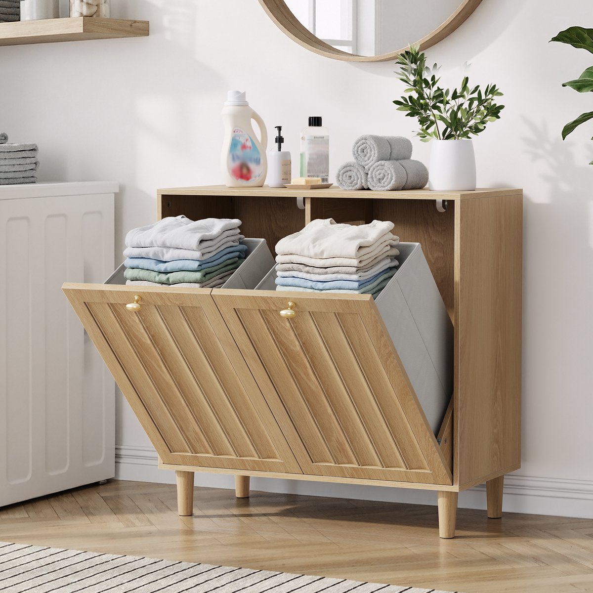 Pugsdrly Schuine wasmand met uitneembare binnenmand, badkamer-wasmand, verborgen wasmand, vrijstaand huishoudelijk rek, eikenhoutkleurig