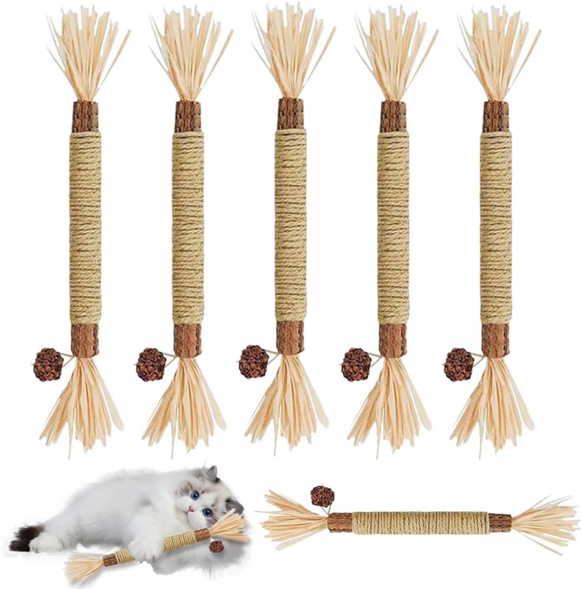 Kauwsticks Kattenspeelgoed - 6 stuks Matatabi Stokjes voor Katten - Natuurlijke Matatabi Catnip Sticks Kitten Tandjesspeeltje - Kat Tanden Reiniging Kauwbare Catnip Speelgoedsticks - voor Binnen Kittens