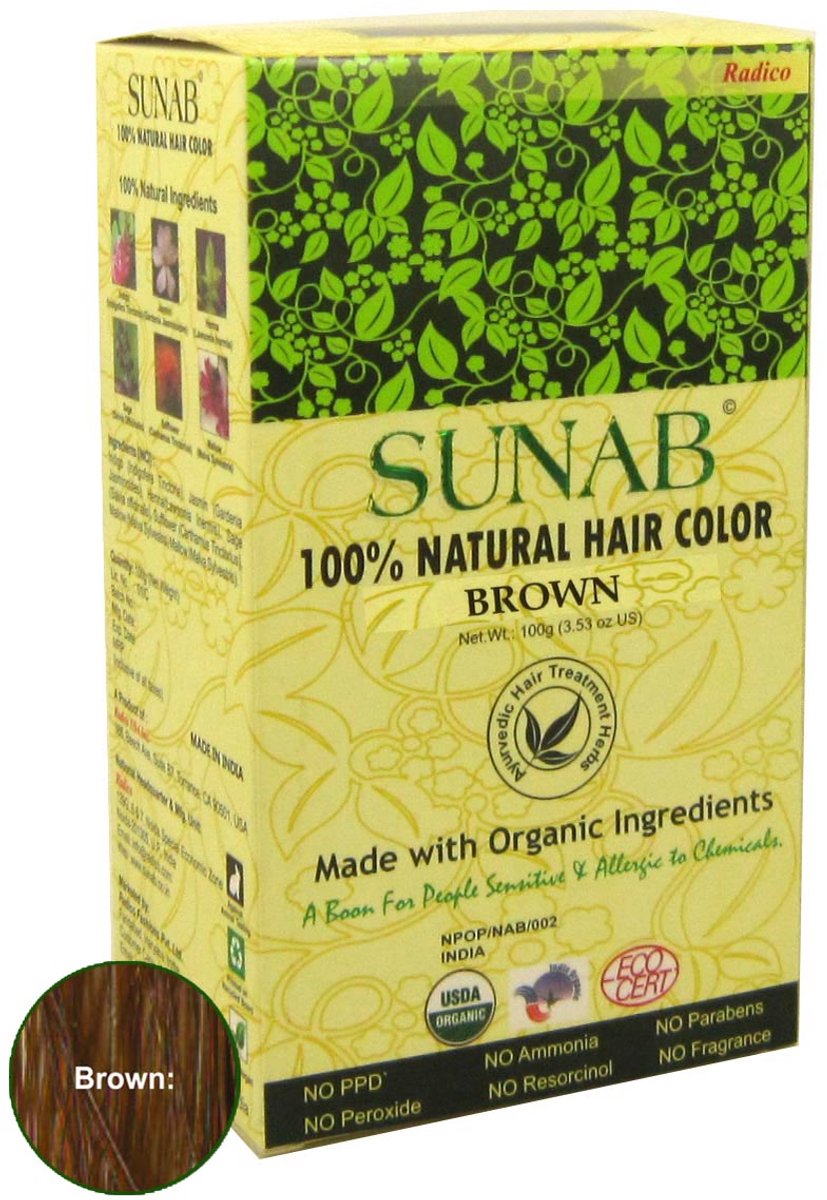 Radico 100% NATURAL SUNAB Brown / Bruin 100% Natuurlijke BIO Organic 9-Kruiden Haarverf Zonder Ammoniak. Ammonia. PPD. PTD. Peroxide. Waterstofperoxide etc. o.a.Henna. met o.a. ECOCERT 100g