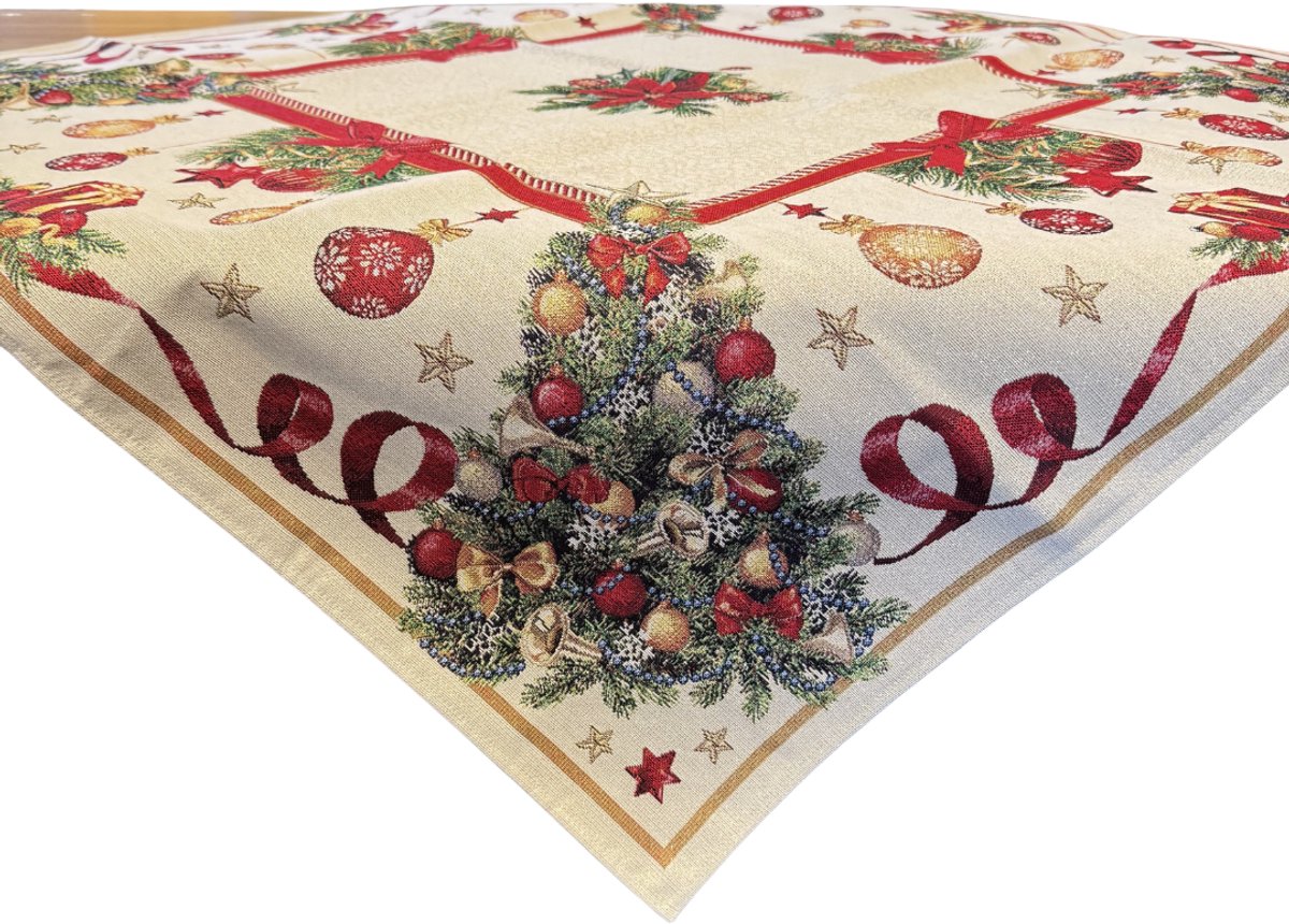 Tafelkleed - Gobelinstof - Kerst - Festive - Kerstballen - Linten - Vierkant 100 cm