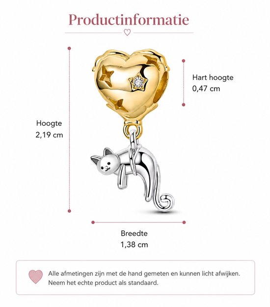 Gouden hartbedel met zilveren katje. Hoogte 2,19 cm, breedte 1,38 cm.