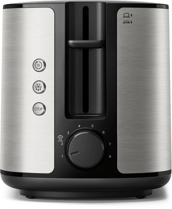 Gros plan sur les boutons de commande et la molette d'un grille-pain Philips argenté.