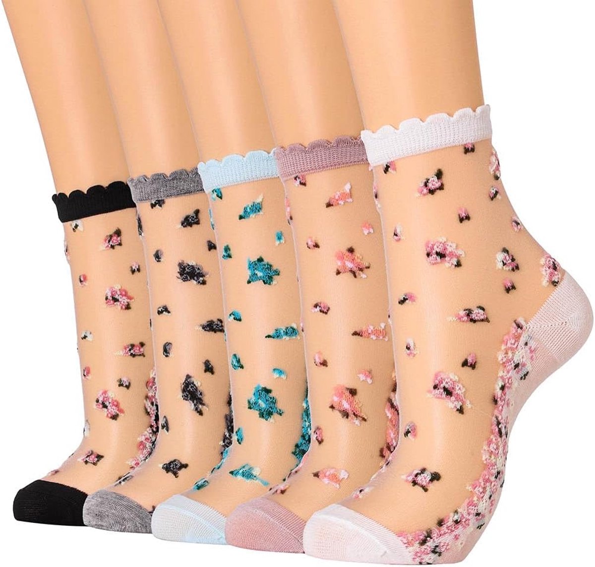 5 Stuks Dames Transparante Bloemensokken Kant En Fijn Mesh Nylon Dunne Zomer Jacquard Kristal Glaszijde Sokken Elastisch Eén Modieuze Sokken Voor Dames En Meisjes Dagelijks Gebruik En Feesten Cyslmuk® 5 Pairs