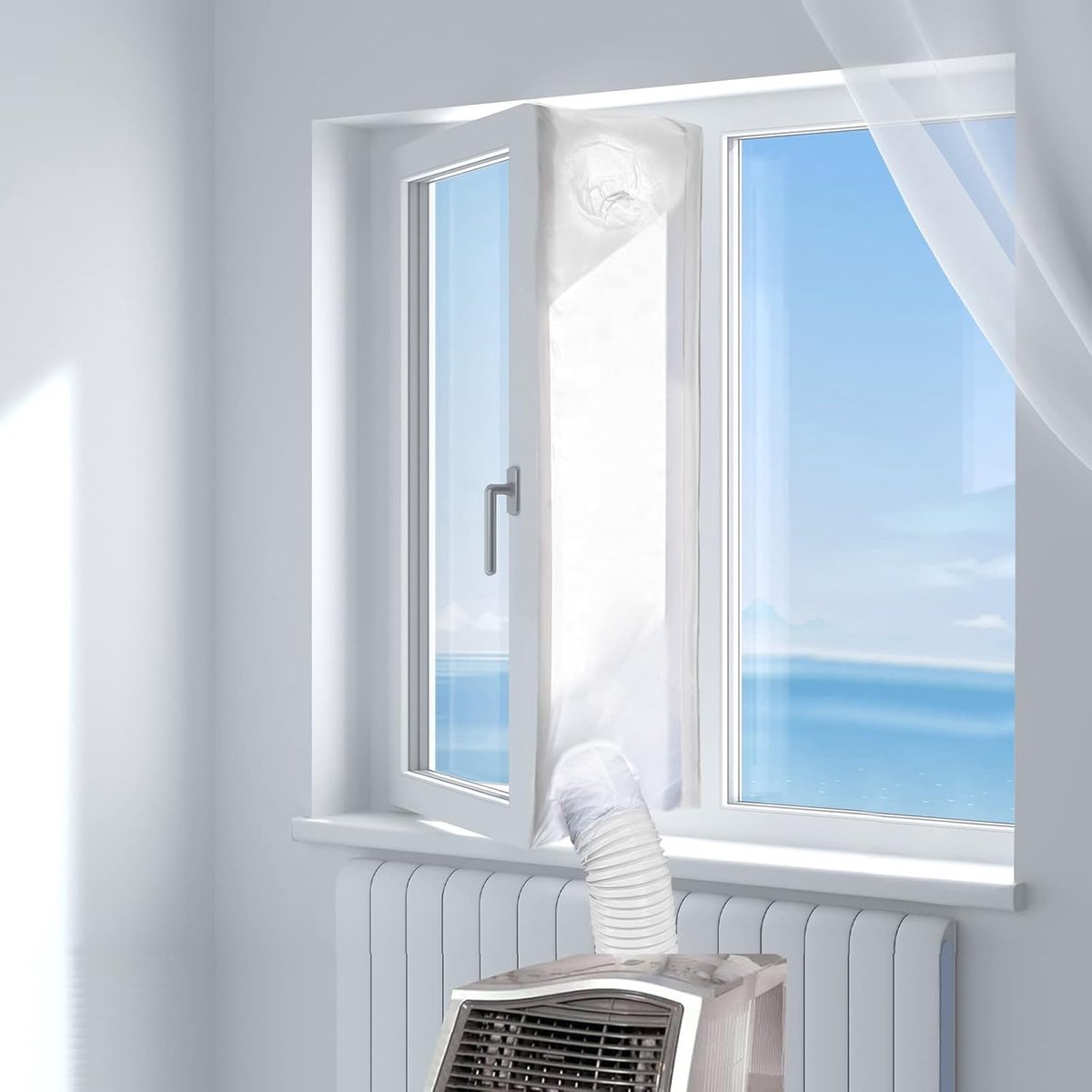 Raamafdichting voor Mobiele Airco - 200cm, 4 Ritssluitingen & 2 Buiskanalen - Geschikt voor Dakramen, Draairamen & Kantelramen - Luchtdichte Hittestop voor Airconditioners & Wasdrogers