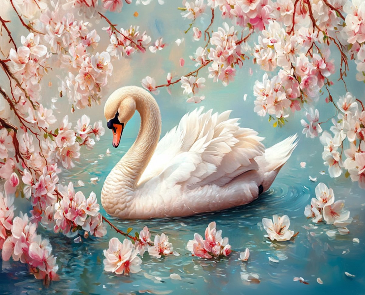 Diamond painting met canvas op houten frame Zwaan Afmeting 30 x 40 cm, ronde steentjes, full cover.
