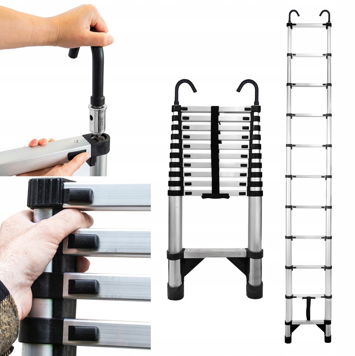 Baulich Telescopische ladder met haken - 11 treden - max 320 cm - staal - draagvermogen 125 kg - automatische vergrendeling - antislip voeten
