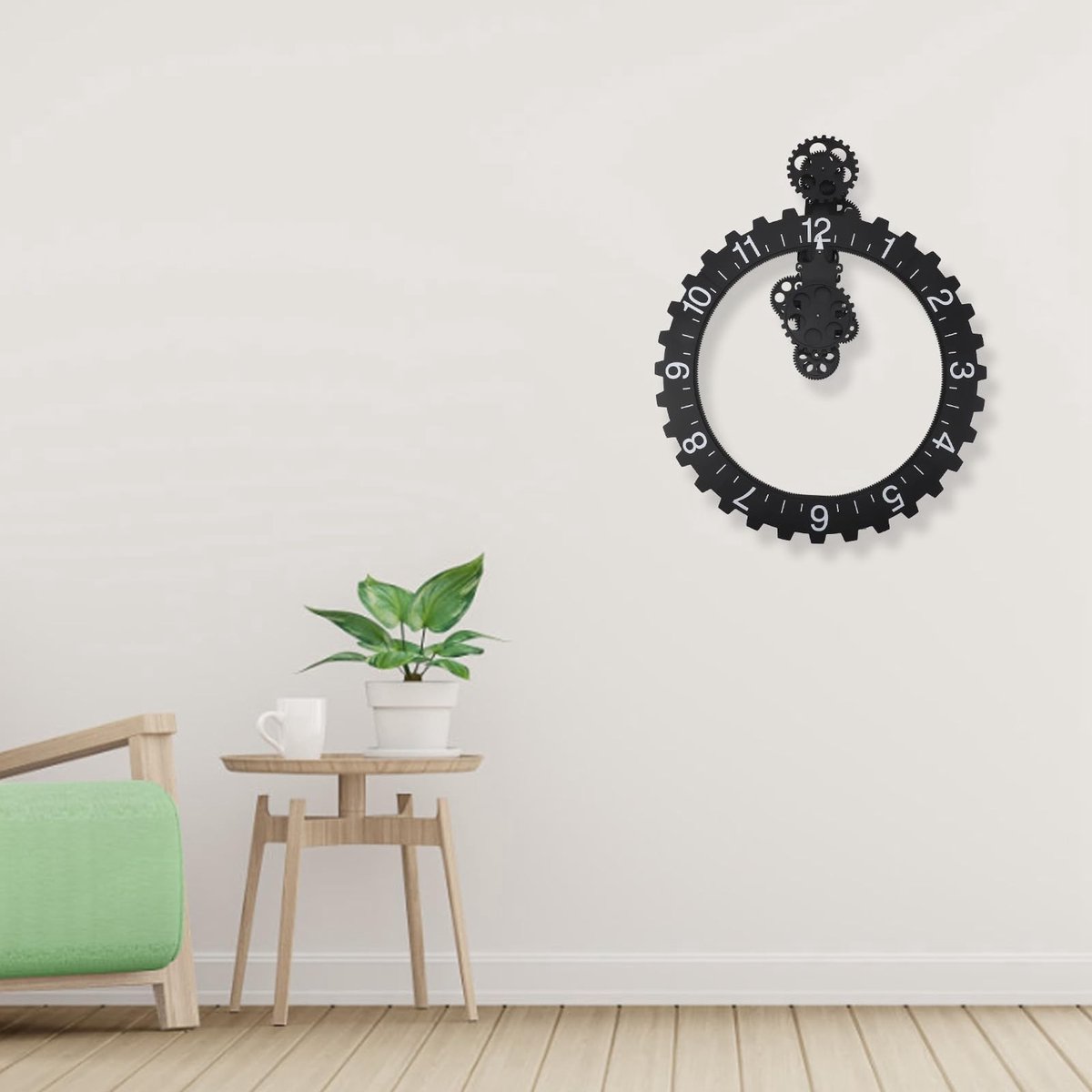 Dailygoods - Dailygoody - Wandklok - Retro Wandklok - Mechanisch Tijdwiel - Zwart - Beweegbare Transmissie - Decoratie voor Binnen - 35 cm x 14 cm