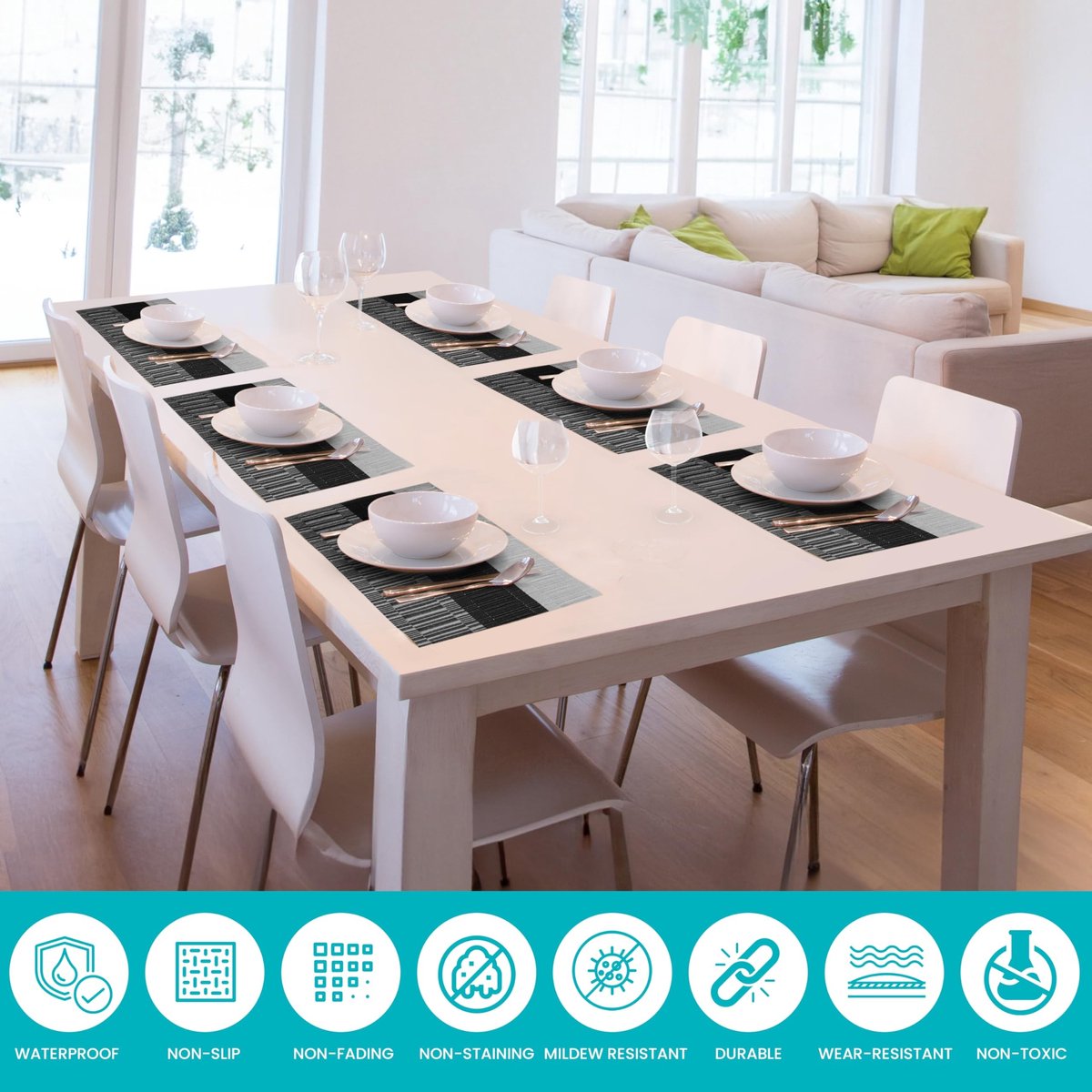 Dailygoods - Dailygoody - Grijze en Zwarte Placemat Set - PVC Onderzetters - Waterdicht en Warmtebestendig - Voor Eten en Drinken - 6 Stuks - Ideaal voor Keuken en