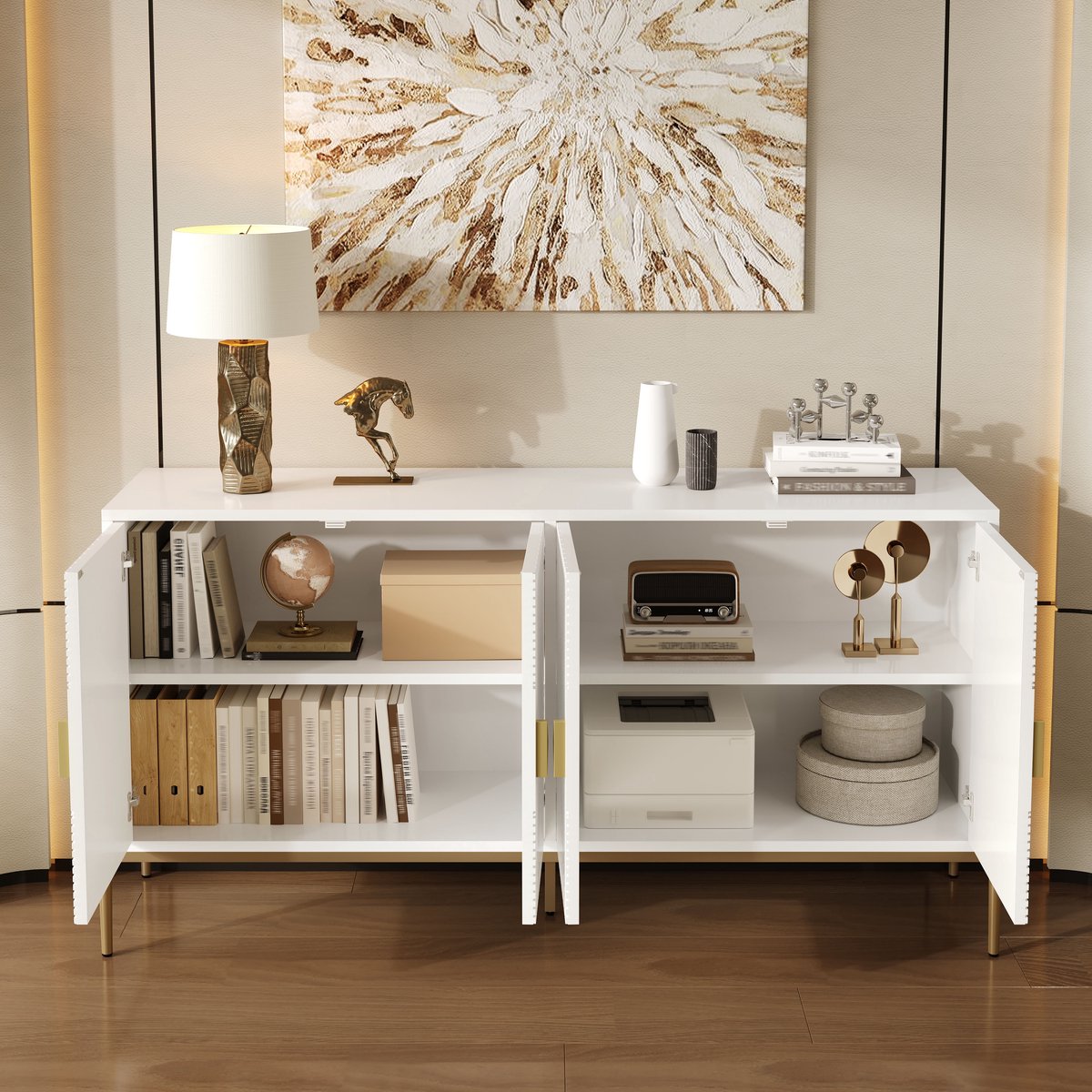 REDOM Dressoir - 4-Deurs - Geometrisch Reliëf - Mid-Century-Stijl - MDF - Wit - 162 X 40 X 80 Cm