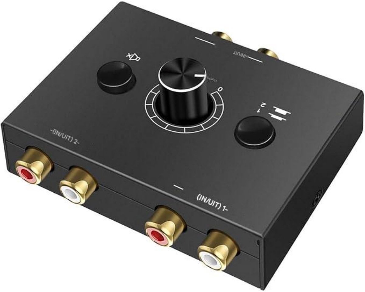 GELLDG Audio/Video Schakelpaneel - 2-in-1-uit RCA Cinch Audio Switch - Analog Stereo Sound Selector met Lautstärkeregeling en Stummschakelaar - Geschikt voor Phono, Kopfhörers en Luidsprekers - Plastic Behuizing - Afmetingen 7,6x4,7x2cm