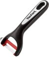 Zwarte dunschiller met zilverkleurig logo 'Tefal', rood accent en metalen mes.