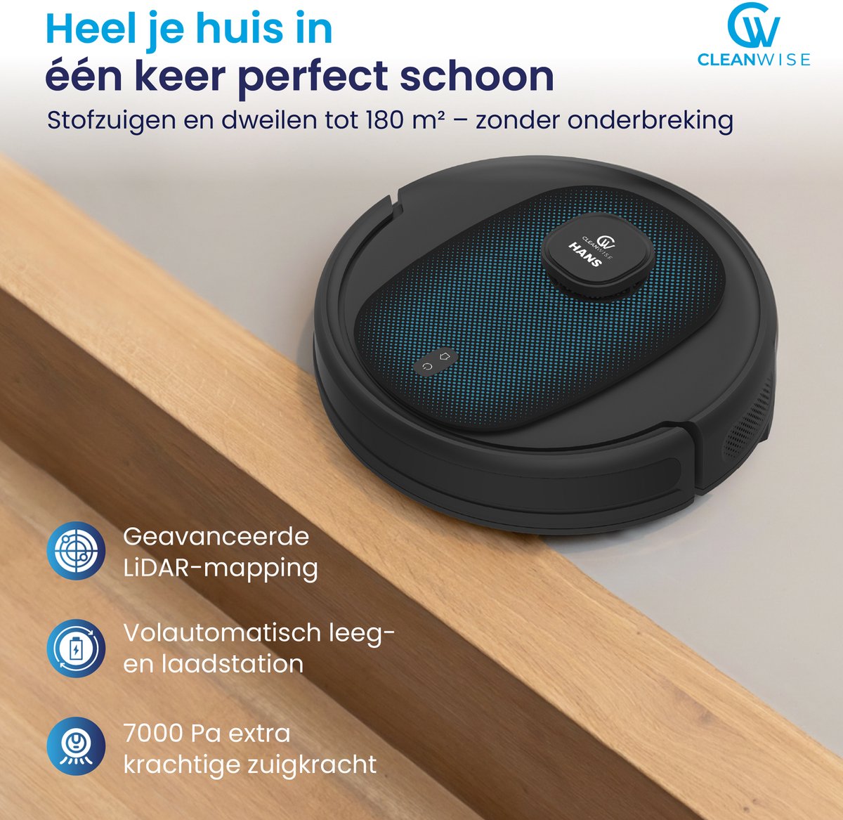 CleanWise Hans Robotstofzuiger met Dweilfunctie & Automatisch Leegstation – 90 dagen handsfree – Nederlands Product – Dweilrobot – LiDAR Navigatie – 7000 Pa – HEPA 14 Filter – Tapijtherkenning – No-Go Zones – Voor Huisdierharen – foto 6