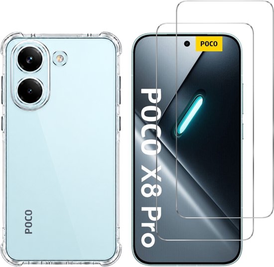 Lichtblauwe telefoon en een telefoonscherm met screenprotector. Beiden met POCO X8 Pro-logo.