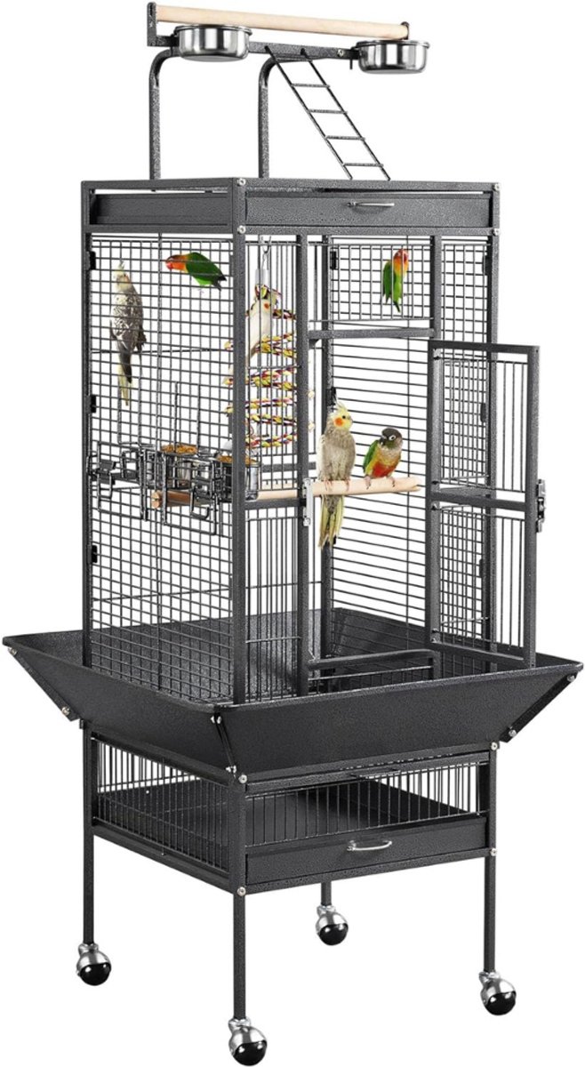 TIM® Vogelkooi - Vogelkooien Voor Binnen & Buiten - Voliere Met Opvangbak Voor Gemakkelijke Reiniging - Papegaaienkooi Op Wieltjes - Parkietenkooi 156 cm Hoog - Kooi – Vogelhuis – Vogelvoliere - Zwart - 66cm x 46cm x 156cm