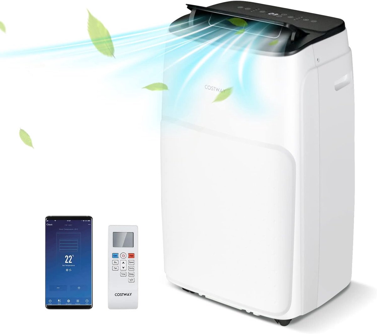 COSTWAY Mobiele Airco met Verwarming, 12.000 BTU, Wifi, Afstandsbediening, 120 m³, Energieklasse A