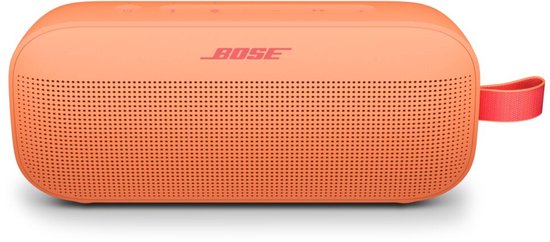 Oranje Bose SoundLink Flex speaker, vooraanzicht met gaas en rood lusje.