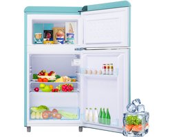 Retro koelkast - Dubbeldeurs koelkast - Koel-vriescombinatie - Vrijstaand - 72L - 39dB - LED licht - Keuken - 91 cm - Koelen - Cyaan