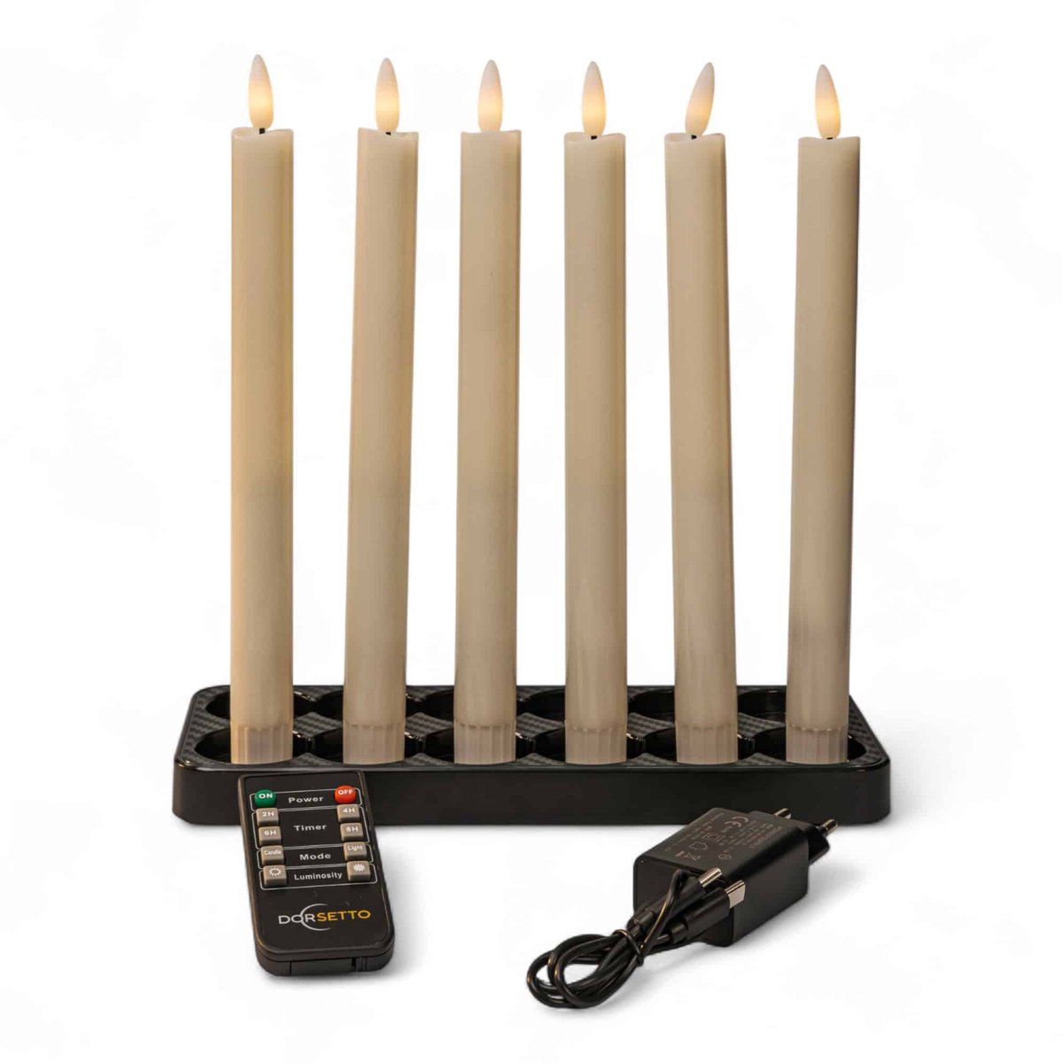 Dinerkaarsen LED wit 250 mm, oplaadbaar, tot 400 uur brandduur, set van 6