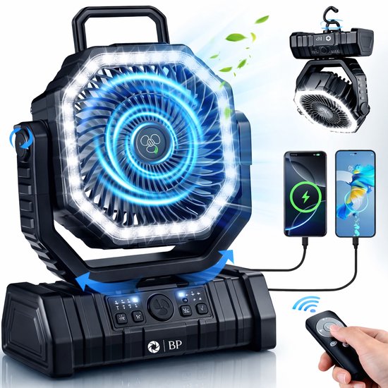 Draagbare BP® Tent Ventilator Zwart – Mini, Tafel & Handventilator met LED Licht, USB, Powerbank, Afstandsbediening