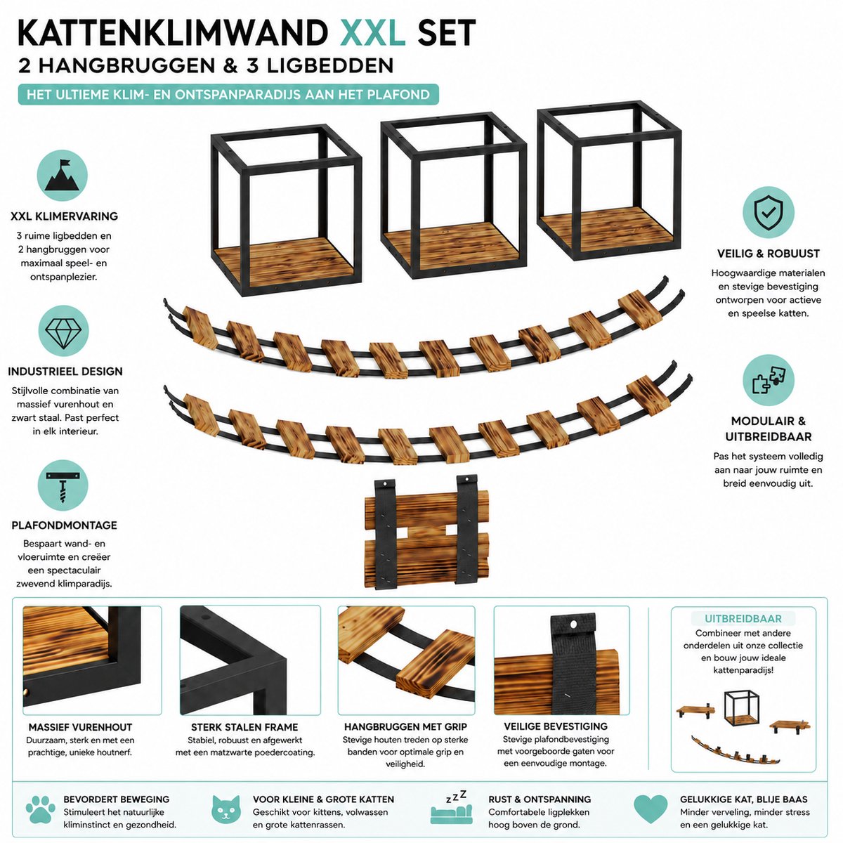 QLS Katten Klimwand Set LOFT XXL - Kattenmeubilair Plafondmontage - Met 2 Hangbruggen & 3 Ligbedden - Industrieel Design - Hout & Staal - Voor Actieve Katten